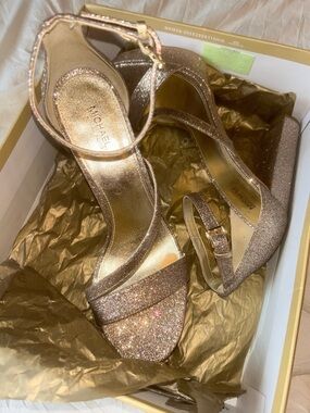 Michael Kors Glitter Rose Gold Platform Sandals with Ankle Strap